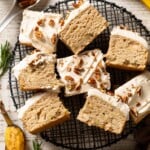 Pieces of Banana Oatmeal Sheet Cake on a wire serving platter