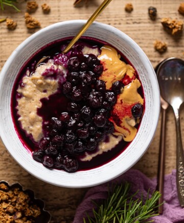 Overhead shot of a bowl of Maple Blueberry Oatmeal Porridge.