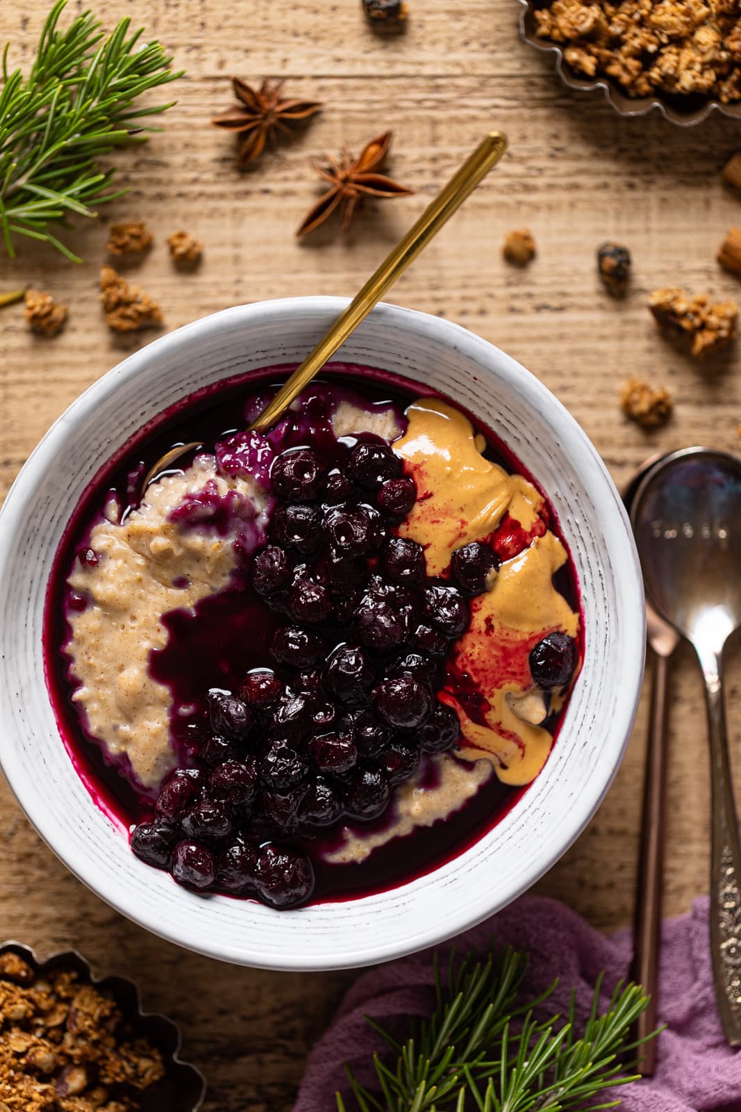 Overhead shot of a bowl of Maple Blueberry Oatmeal Porridge