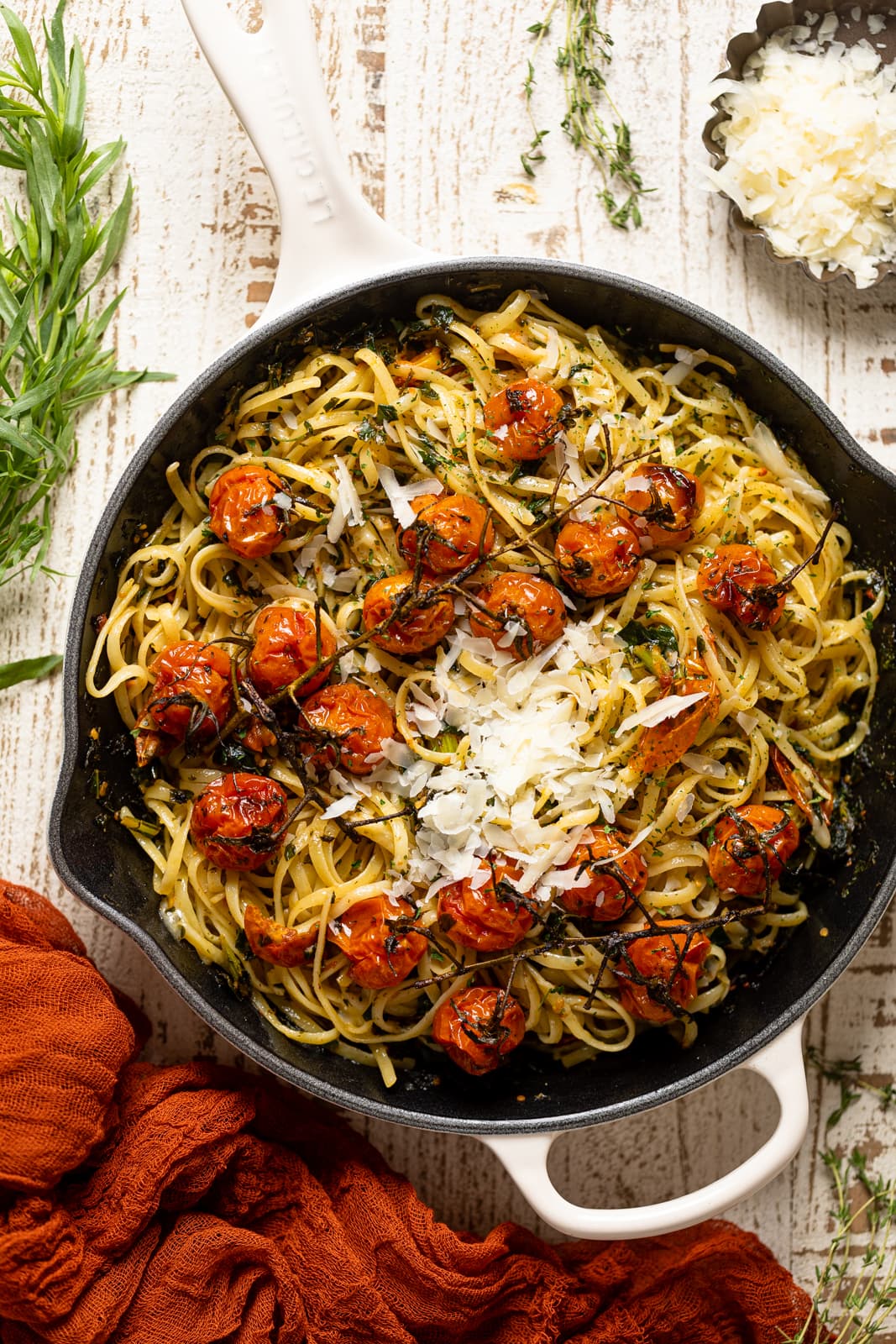 Overhead shot of Bruschetta Pasta with Parmesan in a skillet