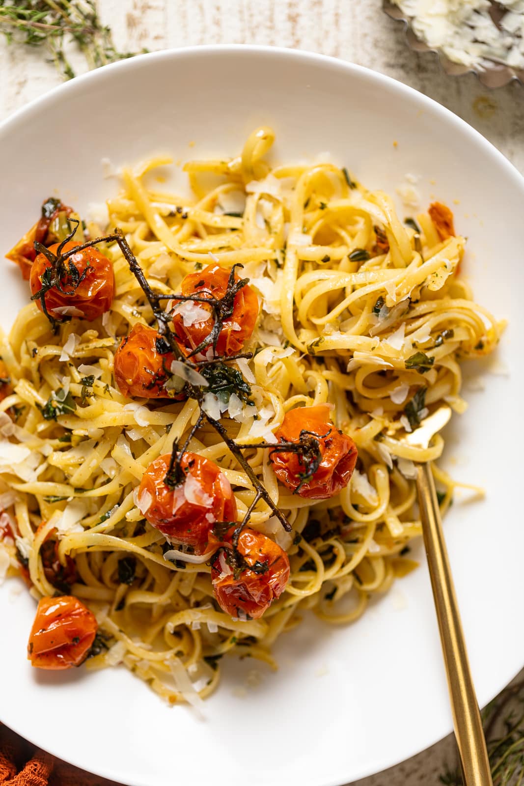 Plate of Bruschetta Pasta with Parmesan with a fork