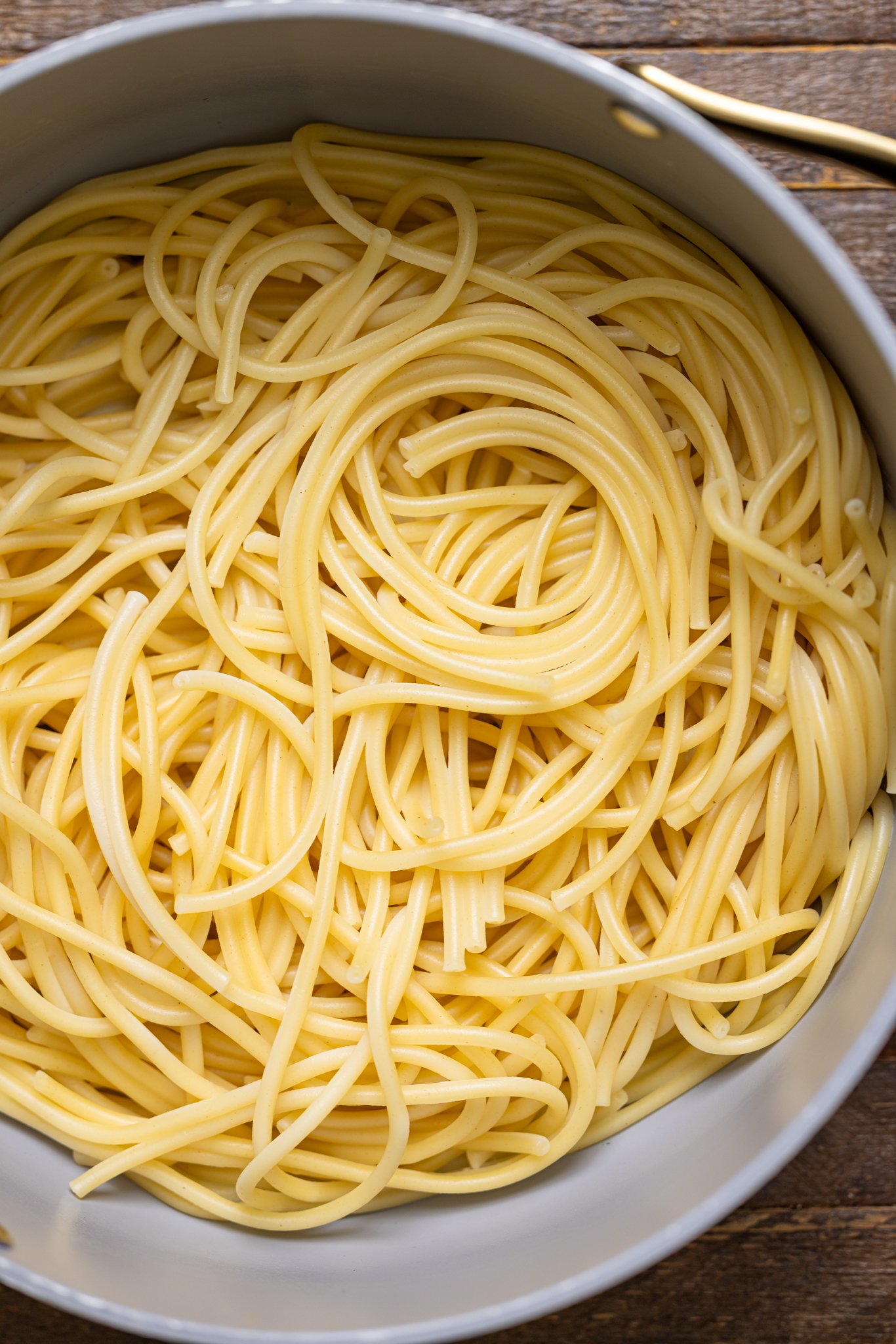 Cooked pasta in a pot.