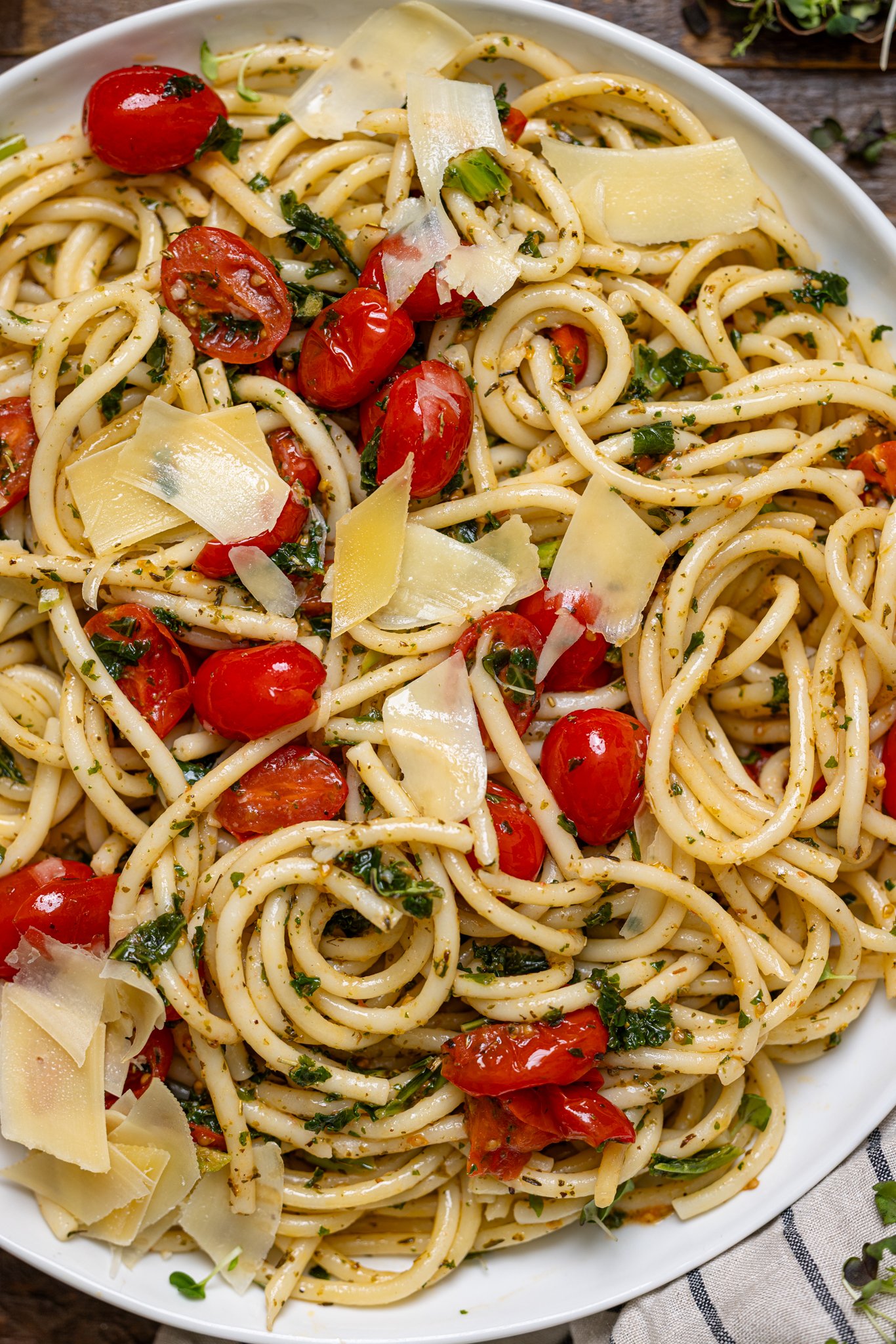 Up close shot of Easy Bruschetta Pasta with Parmesan.