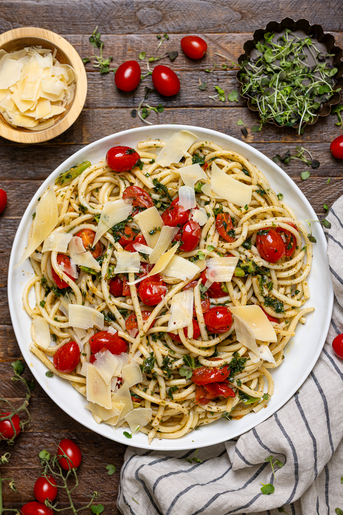 Easy Bruschetta Pasta with Parmesan on a serving plate.