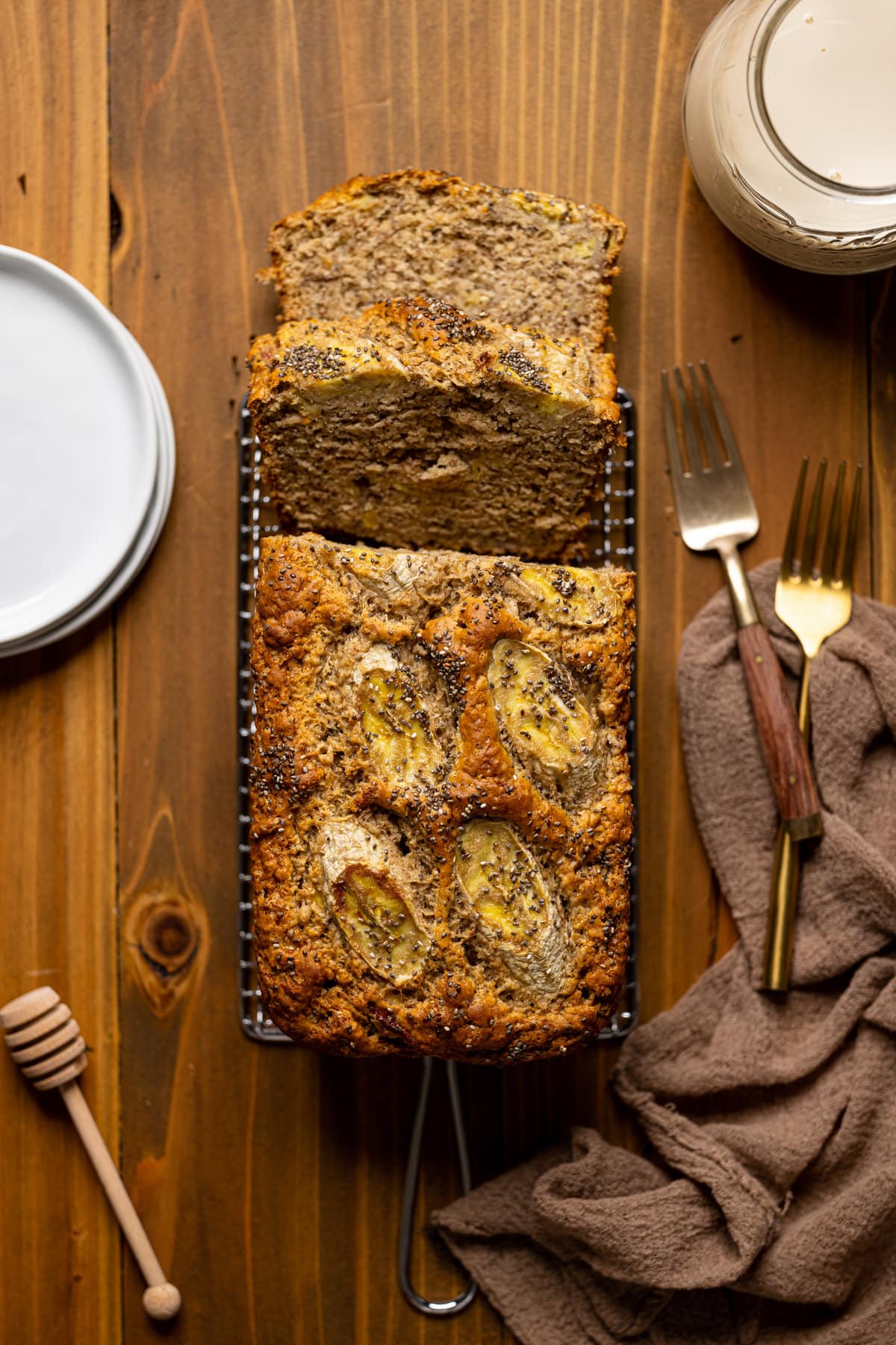 Vegan Chia Seed Maple Banana Bread near some forks