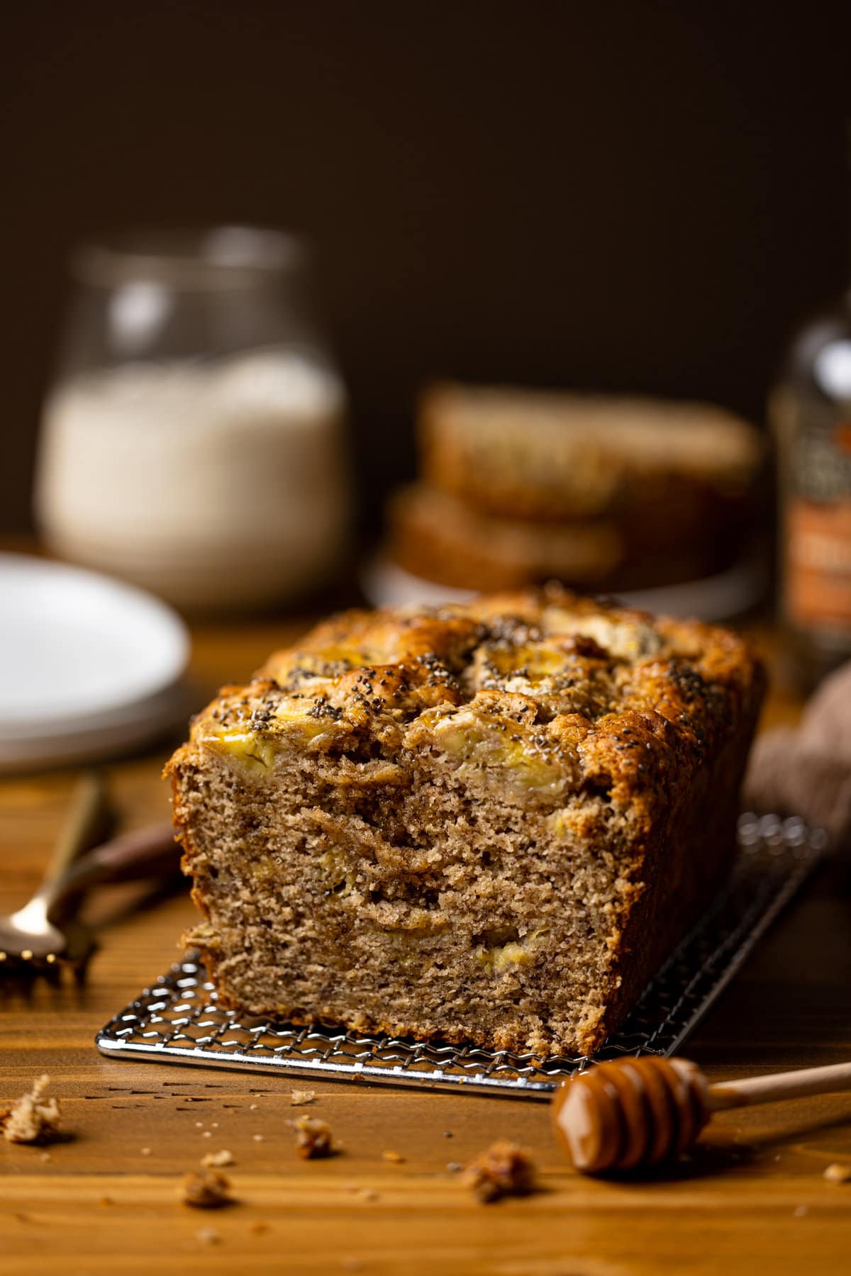 Vegan Chia Seed Maple Banana Bread on a wire cooling rack