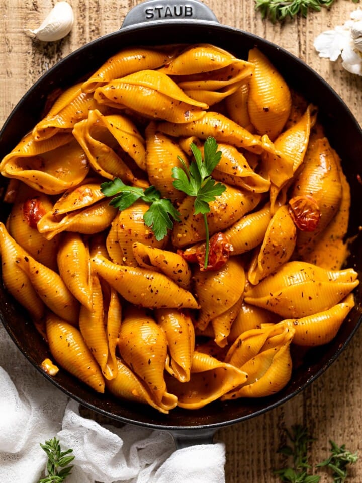 Skillet of Creamy Garlic Tomato Conchiglioni Pasta