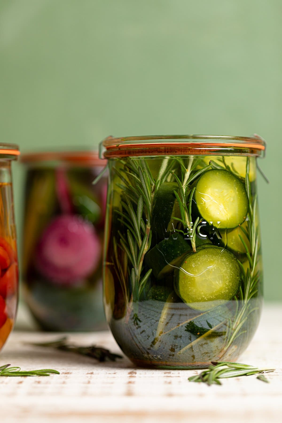 Closeup of a jar of quick pickled green vegetables