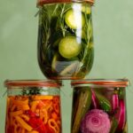 Stack of three jars of quick pickled vegetables