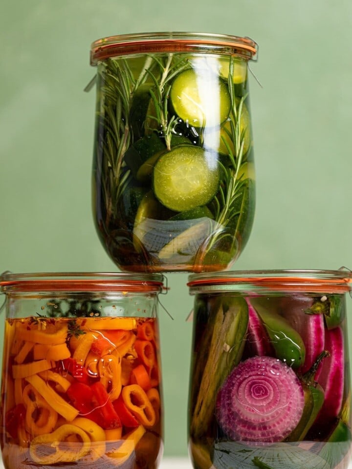 Stack of three jars of quick pickled vegetables