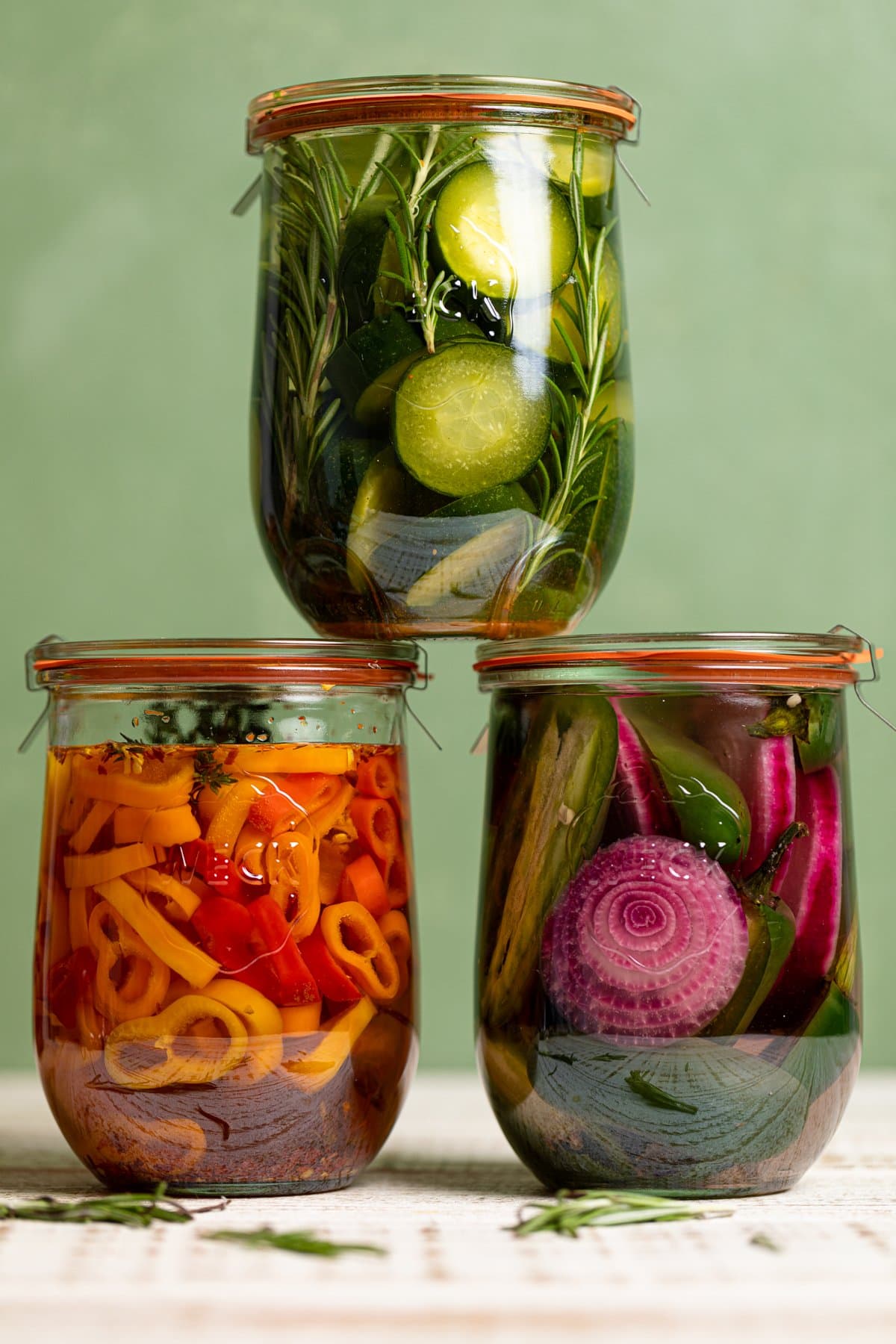 Stack of three jars of Quick Pickled Vegetables