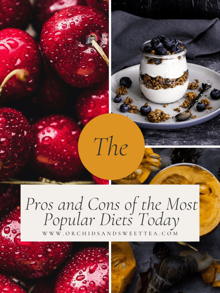 Collage with the text: Pros and Cons of the Most Popular Diets Today
