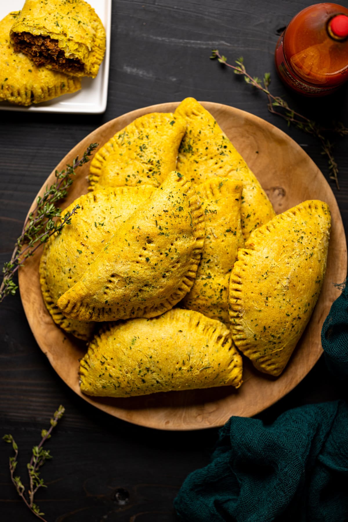 Bowl piled with Vegan Jamaican Beef Patties