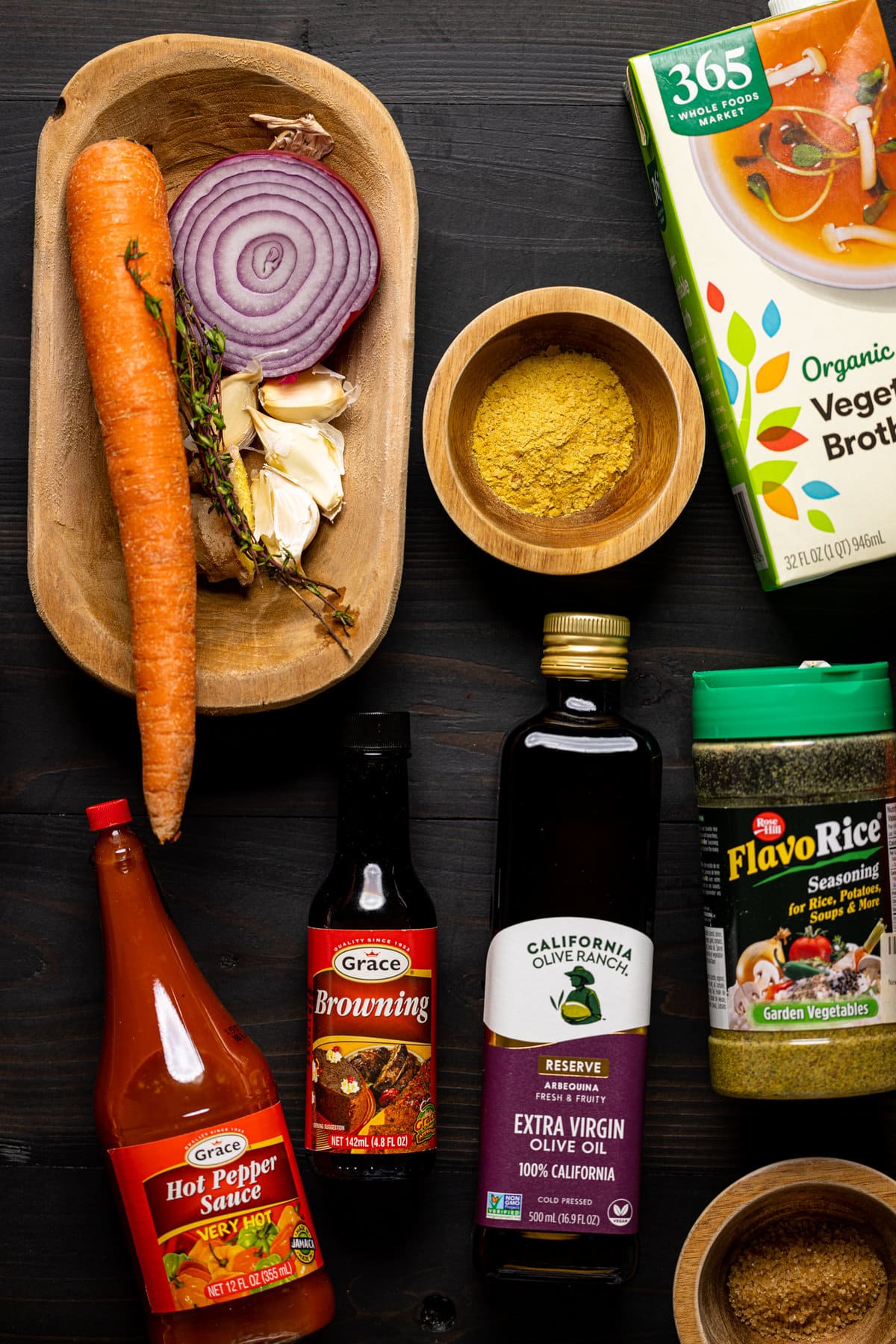 Ingredients for Vegan Jamaican Beef Patties including vegetable broth, browning sauce, carrot, and red onion