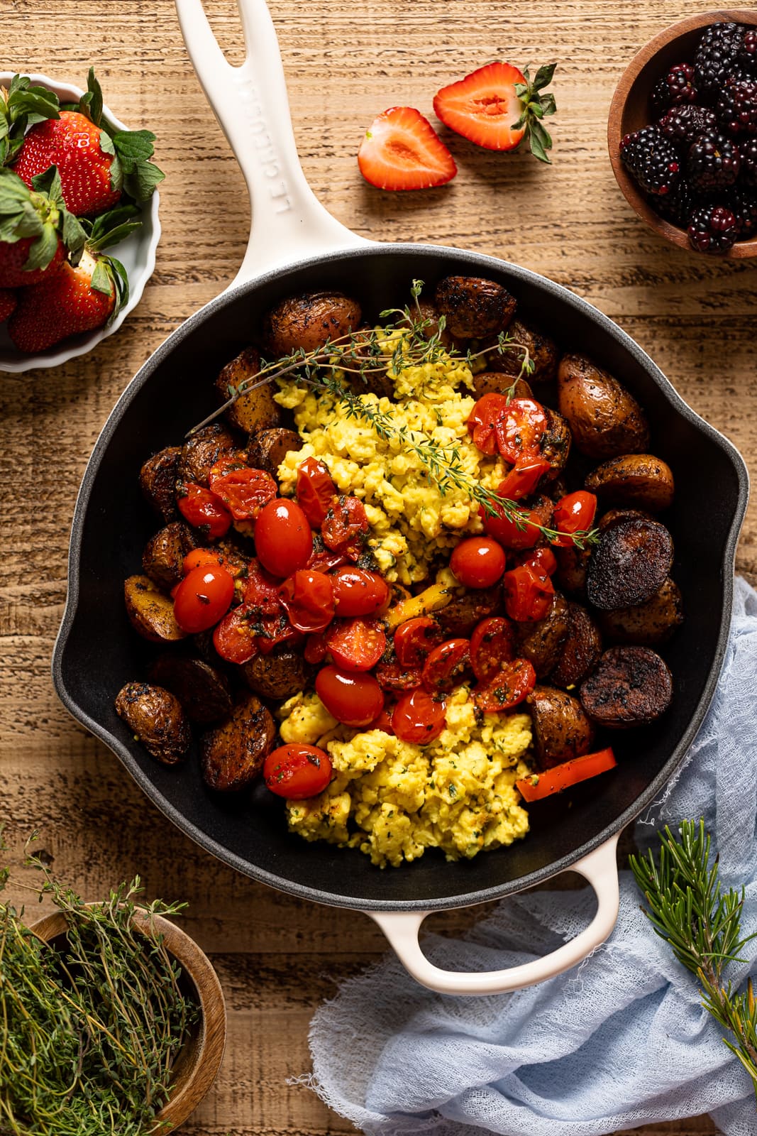 Overhead shot of a skillet of Vegan Breakfast Eggs with Potatoes