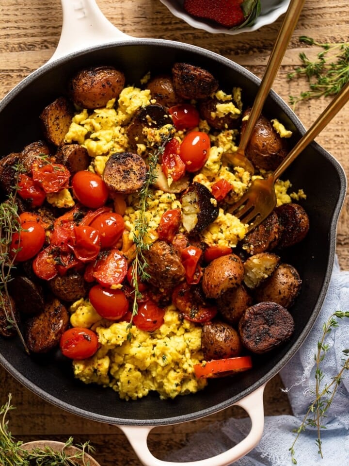 Skillet of Vegan Breakfast Eggs with Potatoes