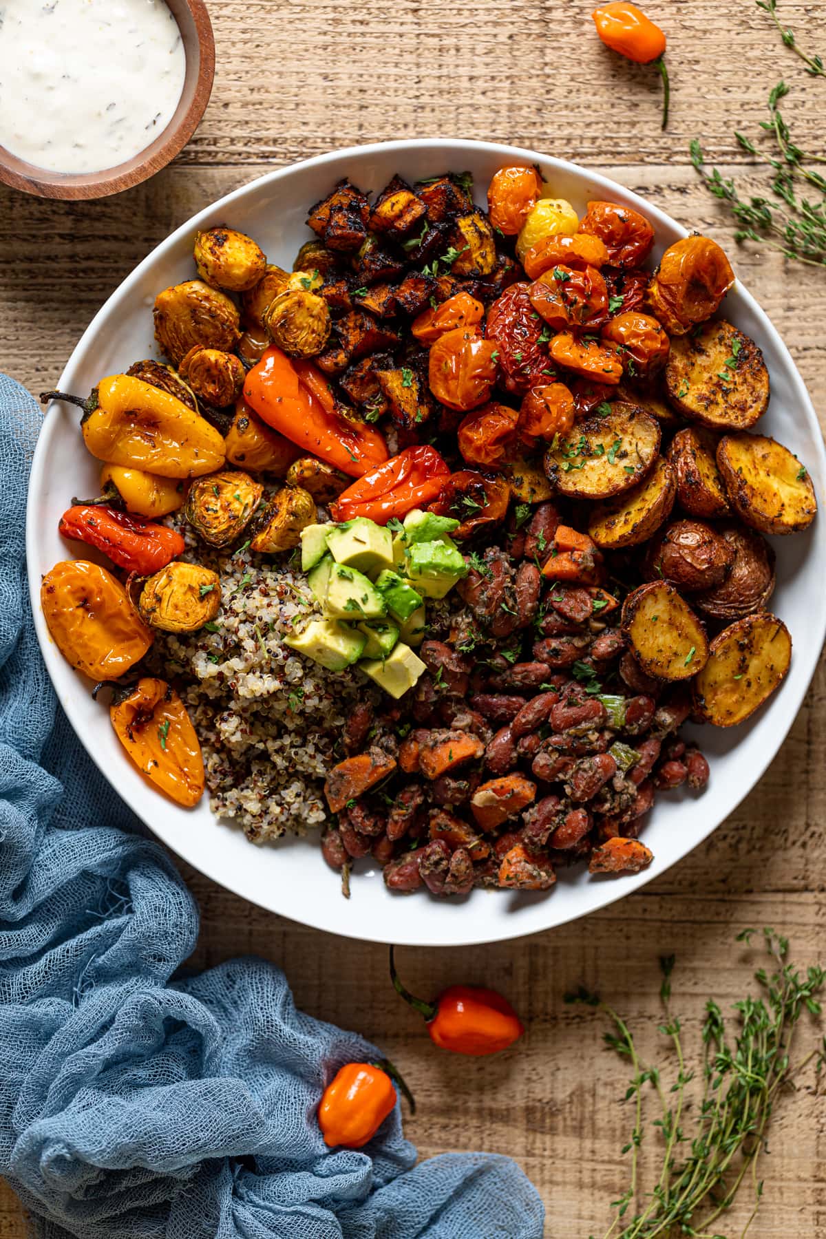 Overhead shot of a colorful Vegan Jamaican Power Bowl
