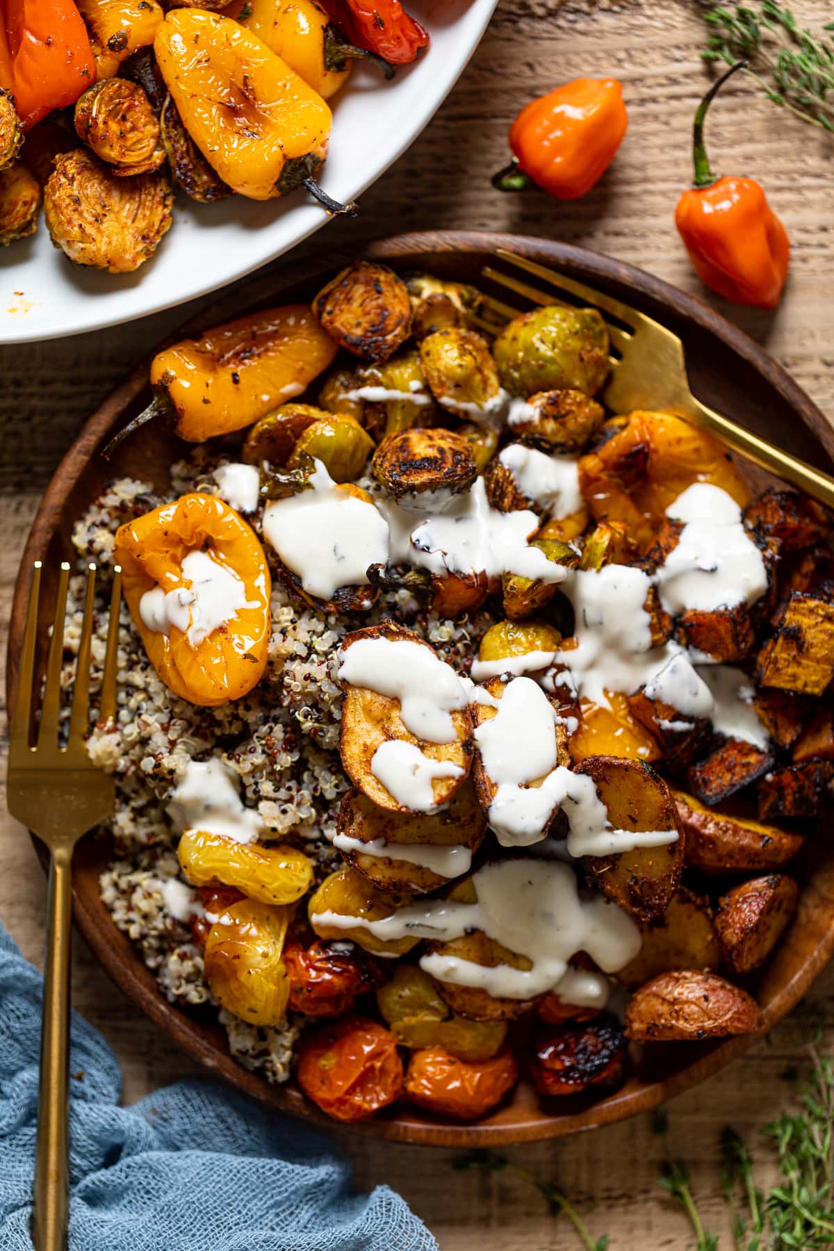 Vegan Jamaican Power Bowl topped with dairy-free lemon garlic dressing