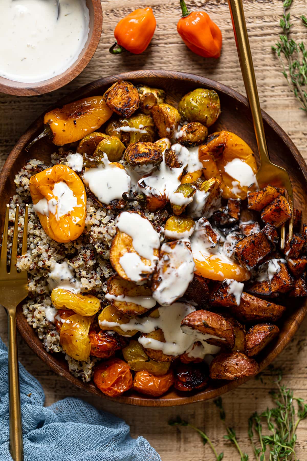 Vegan Jamaican Power Bowl topped with dairy-free lemon garlic dressing