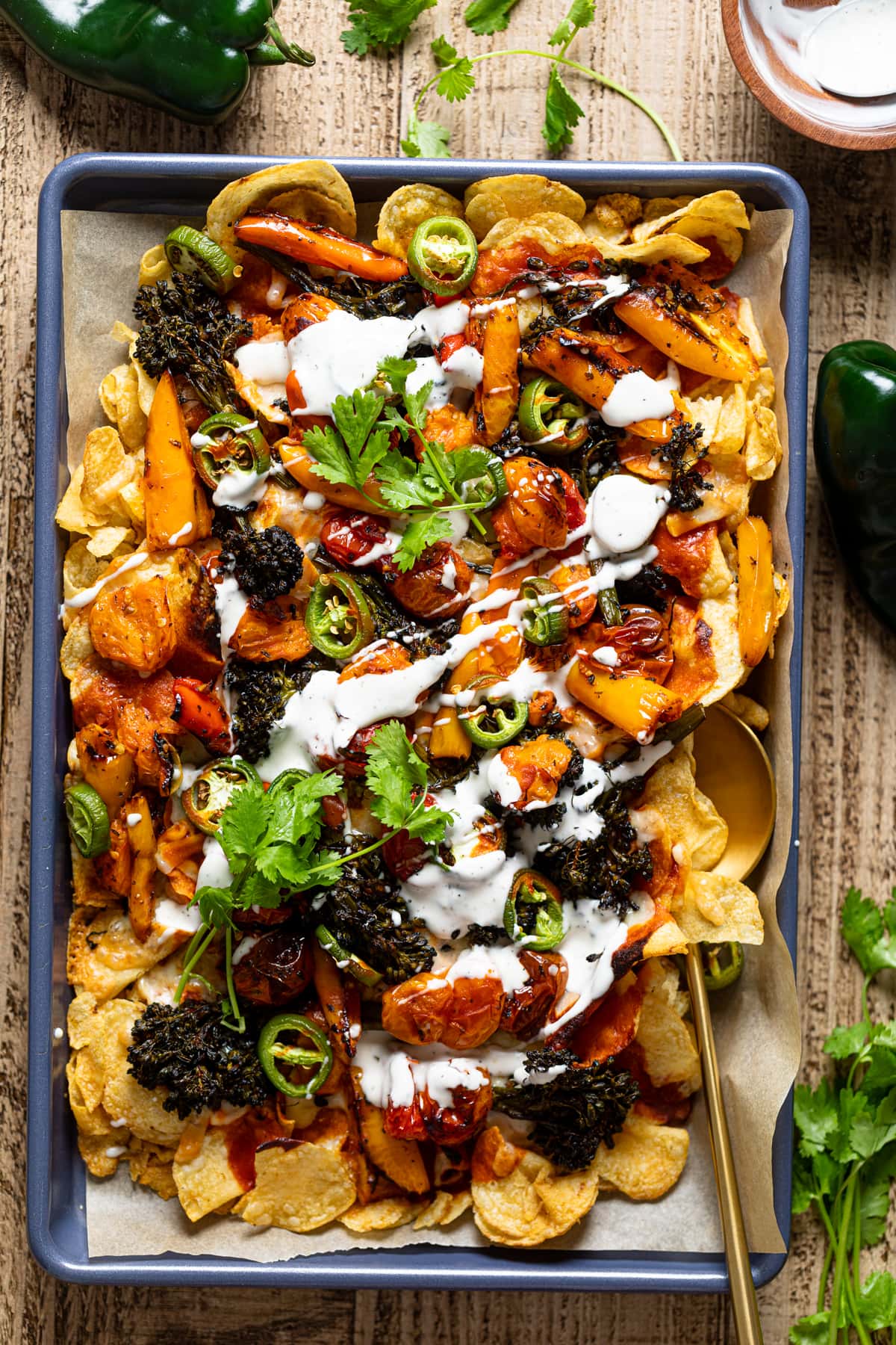 Overhead shot of a baking sheet of Meatless Ranch Kettle Chip Nachos