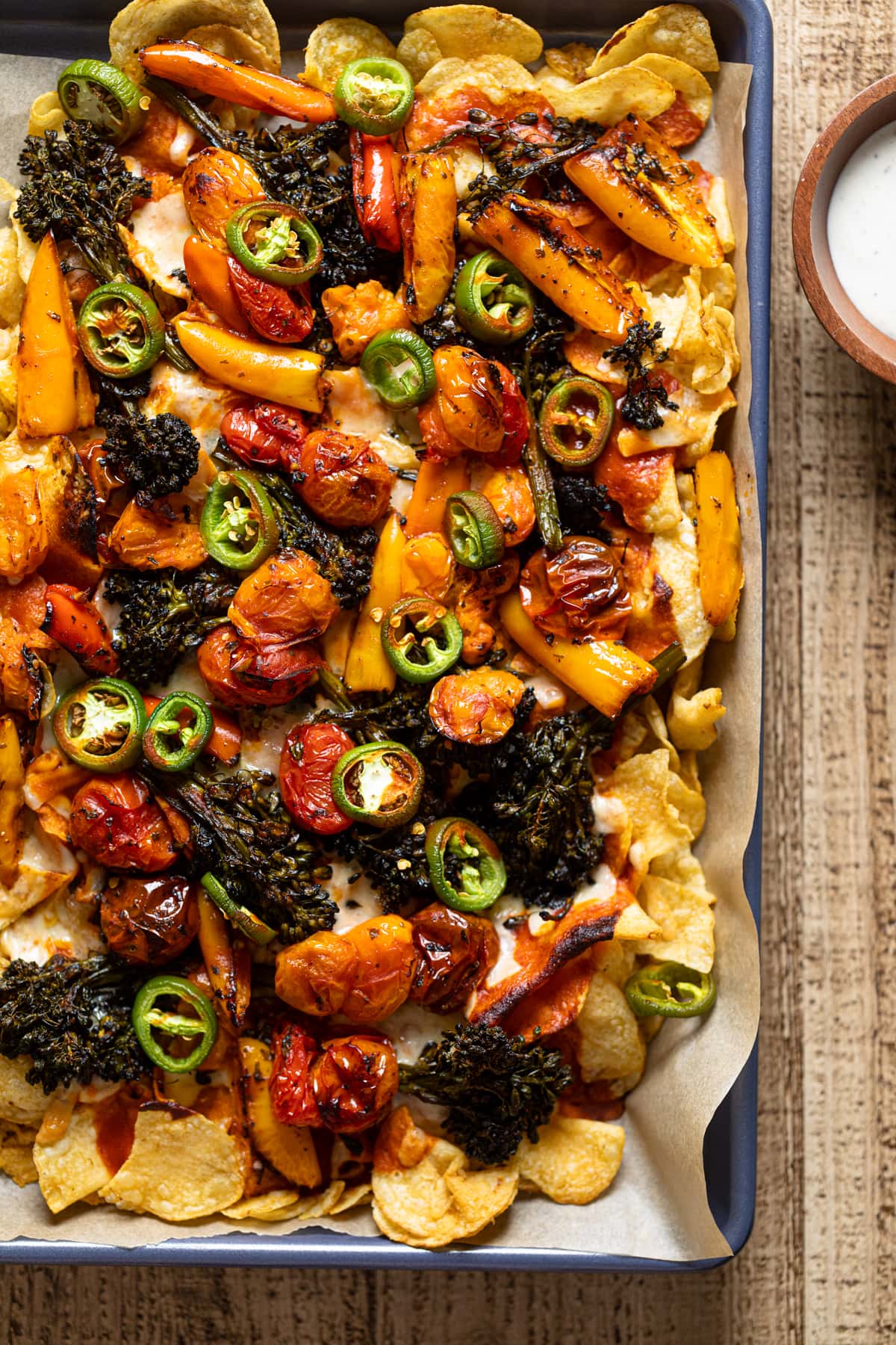 Sheet pan of Meatless Ranch Kettle Chip Nachos