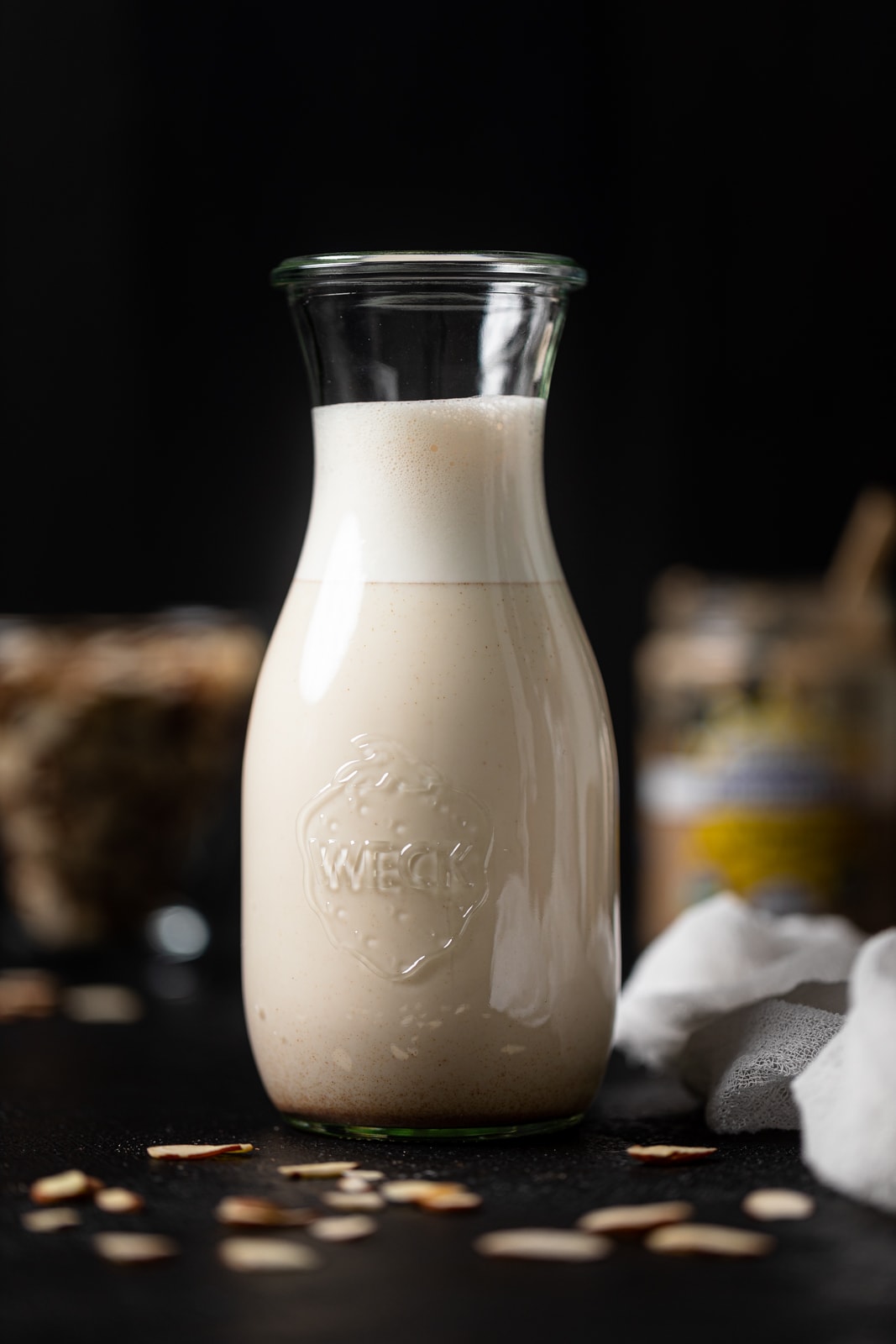 Glass carafe of almond milk