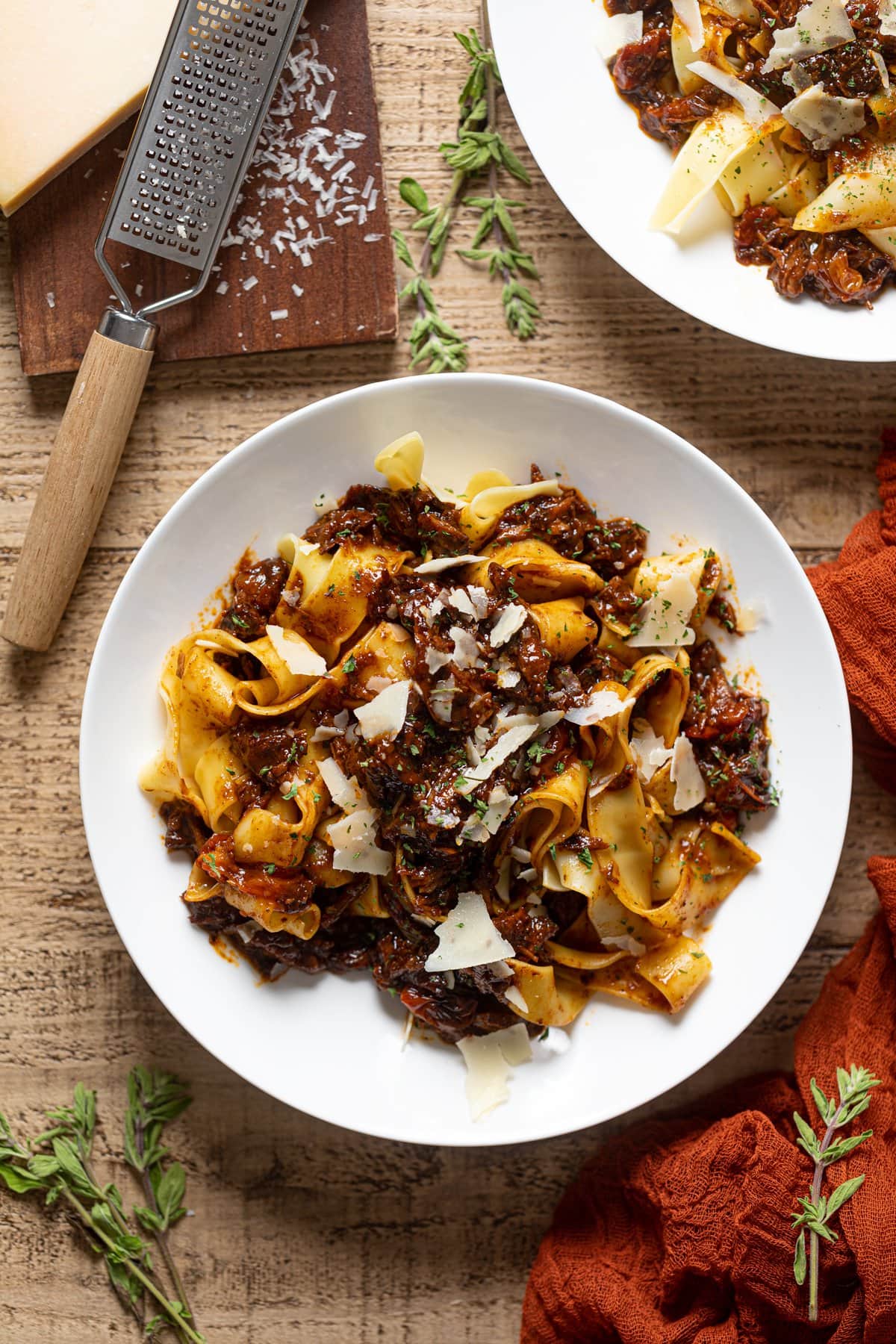 Overhead shot of a plate of Braised Steak Ragu with Pappardelle