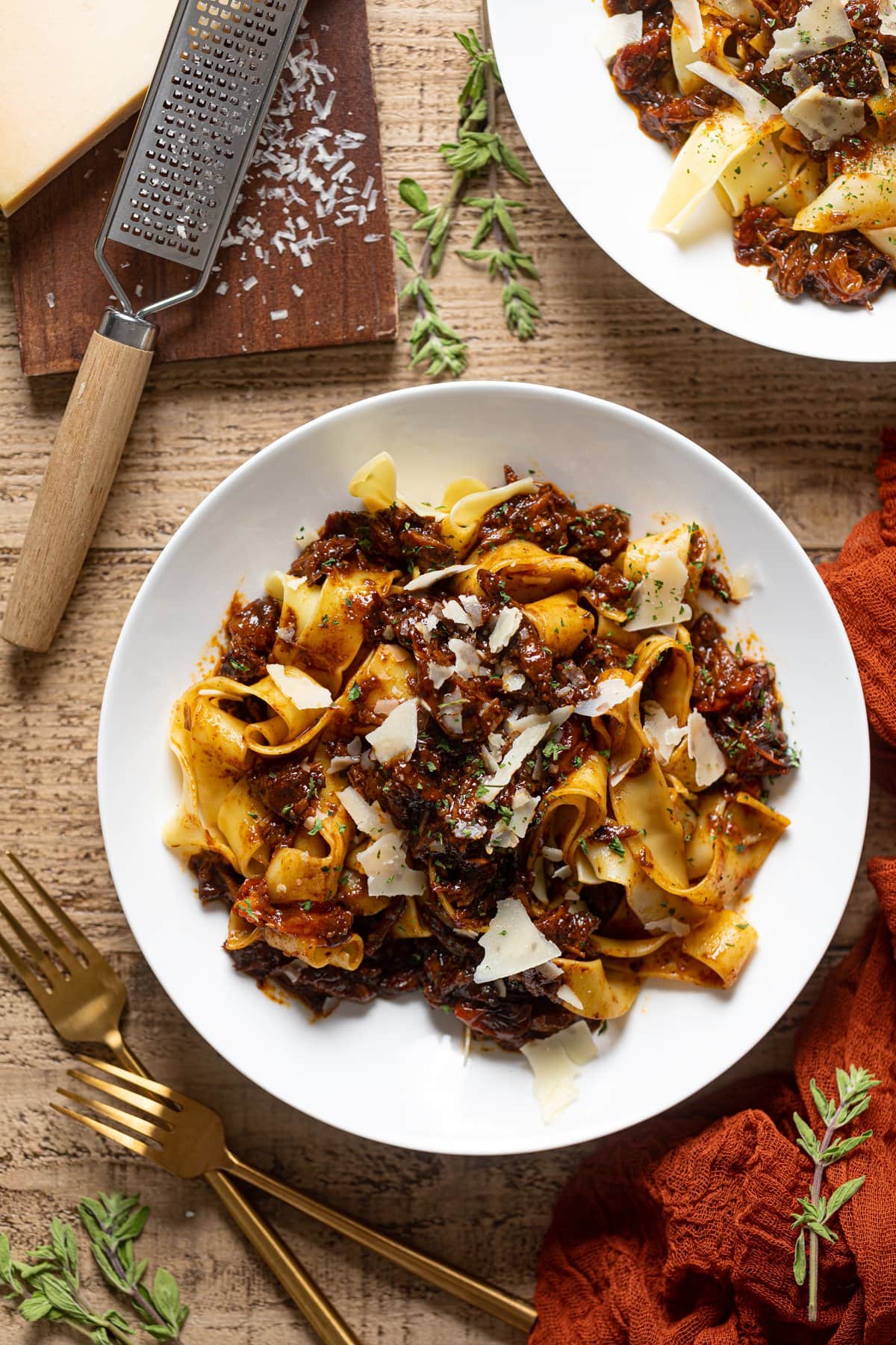 Overhead shot of a plate of Braised Steak Ragu with Pappardelle