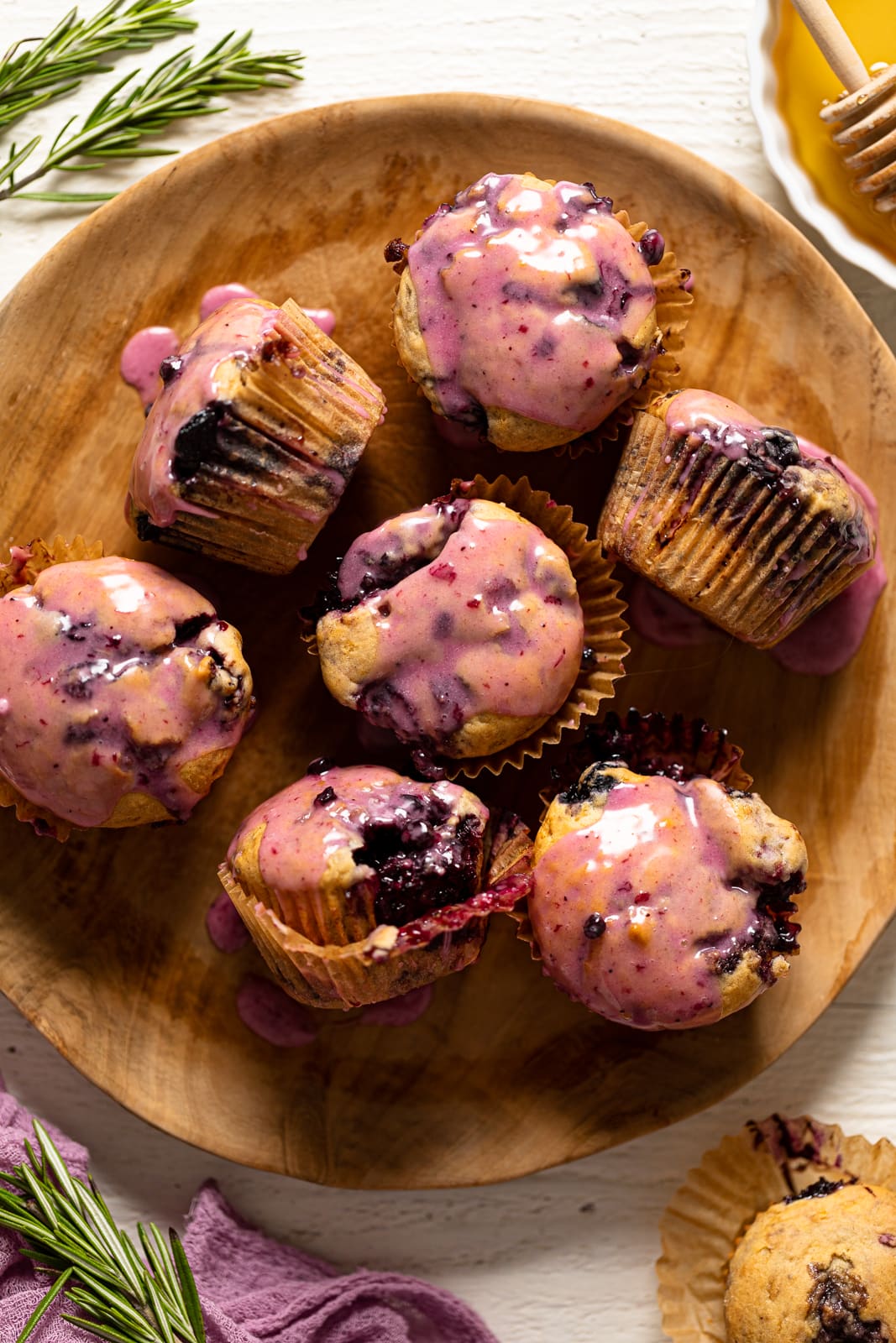 Blueberry Blackberry Jam Muffins on a wooden plate
