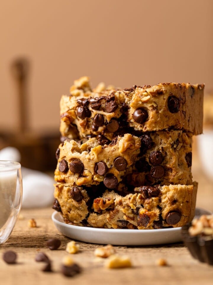 Slices of Brown Butter Walnut Chocolate Chip Bread in a stack