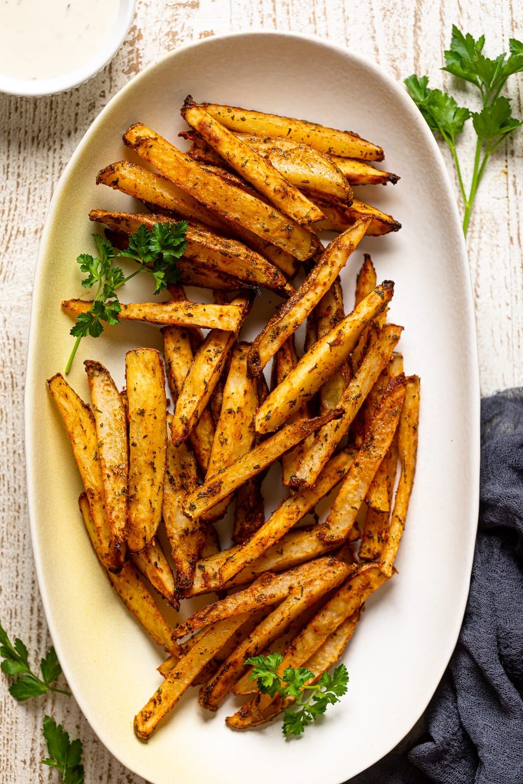 Overhead shot of a plate of Seasoned French Fries