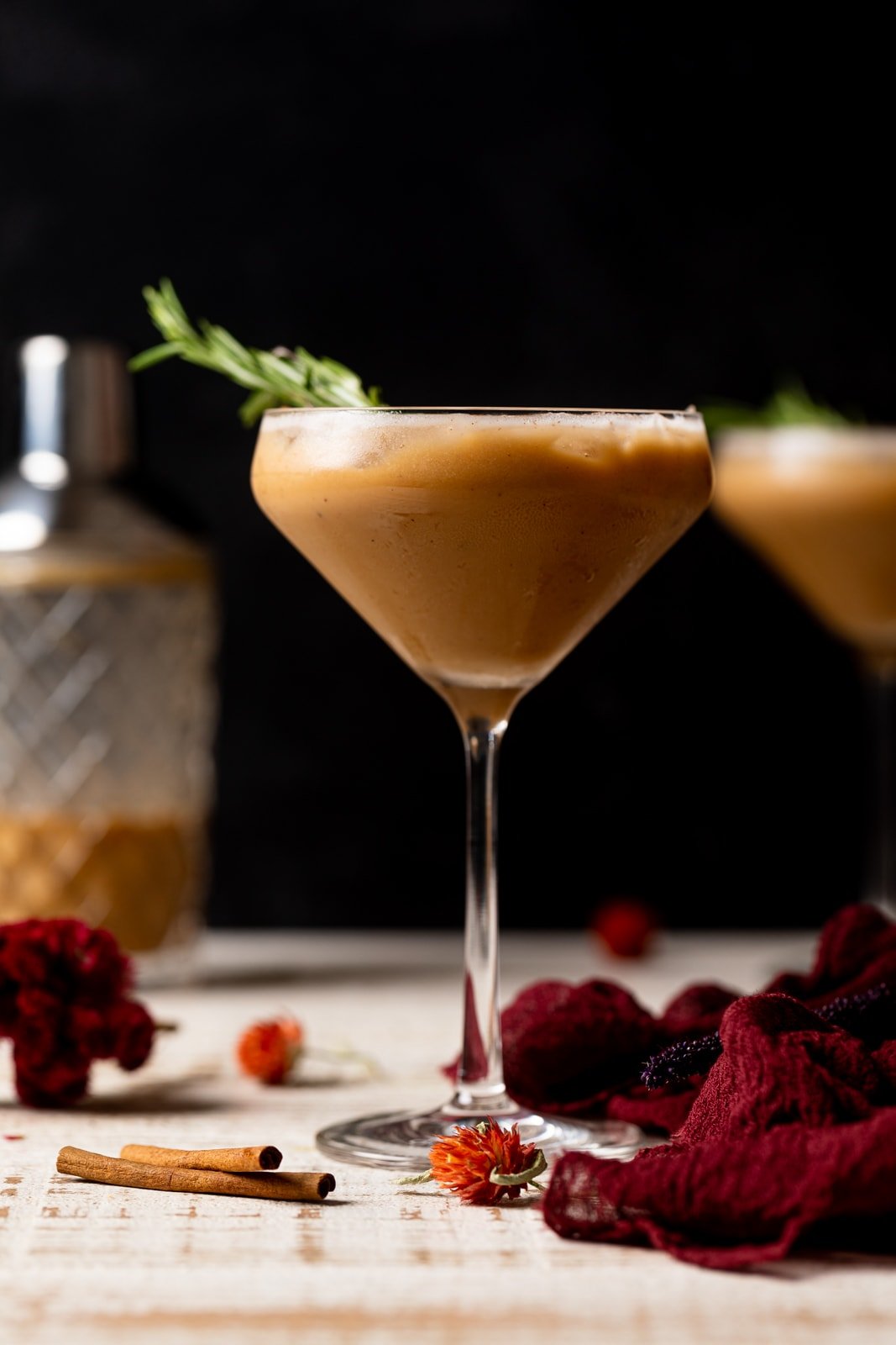 Long-stemmed glass with a dairy-free Espresso Martini