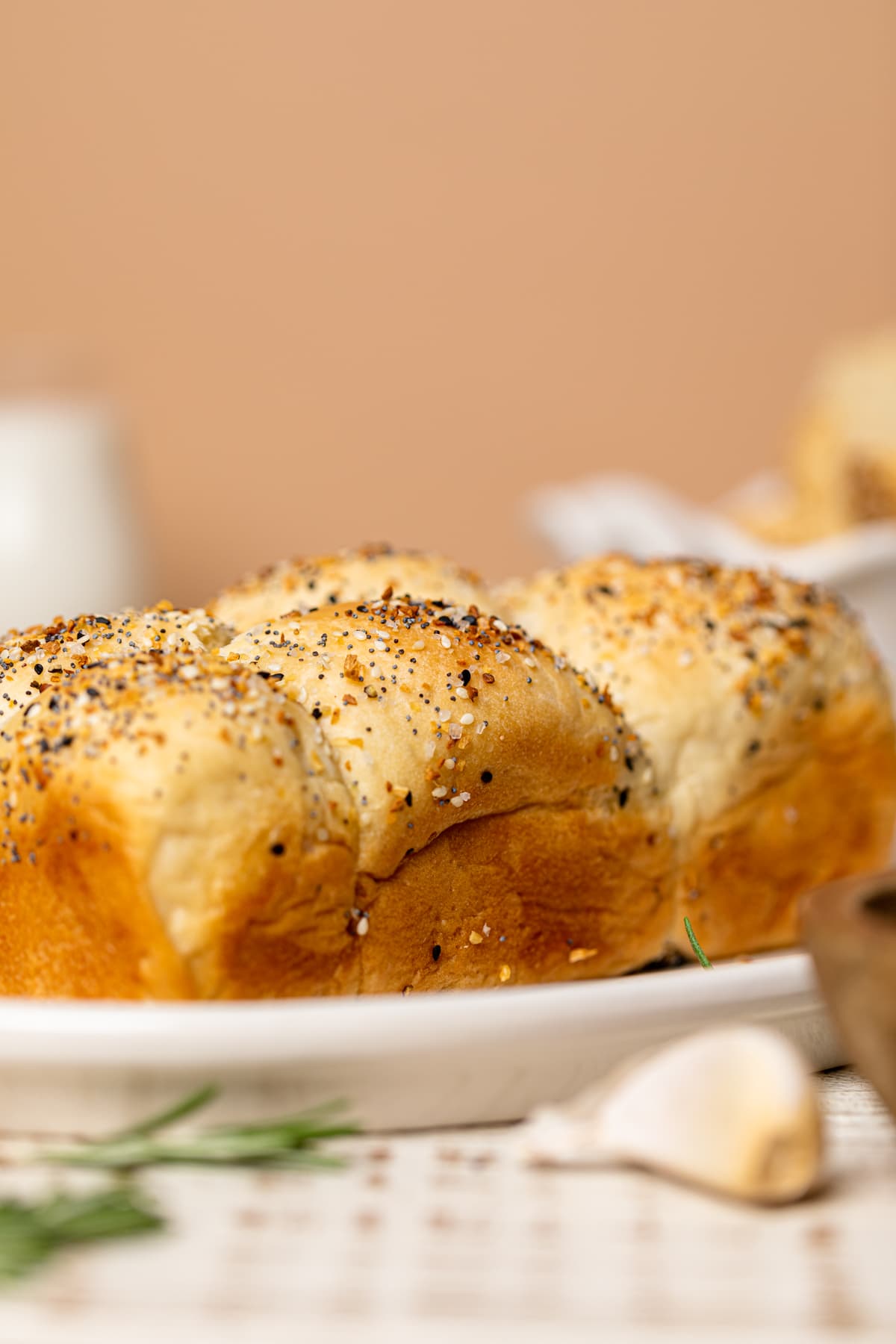 Closeup of a loaf of Vegan Everything Bagel Brioche Bread 