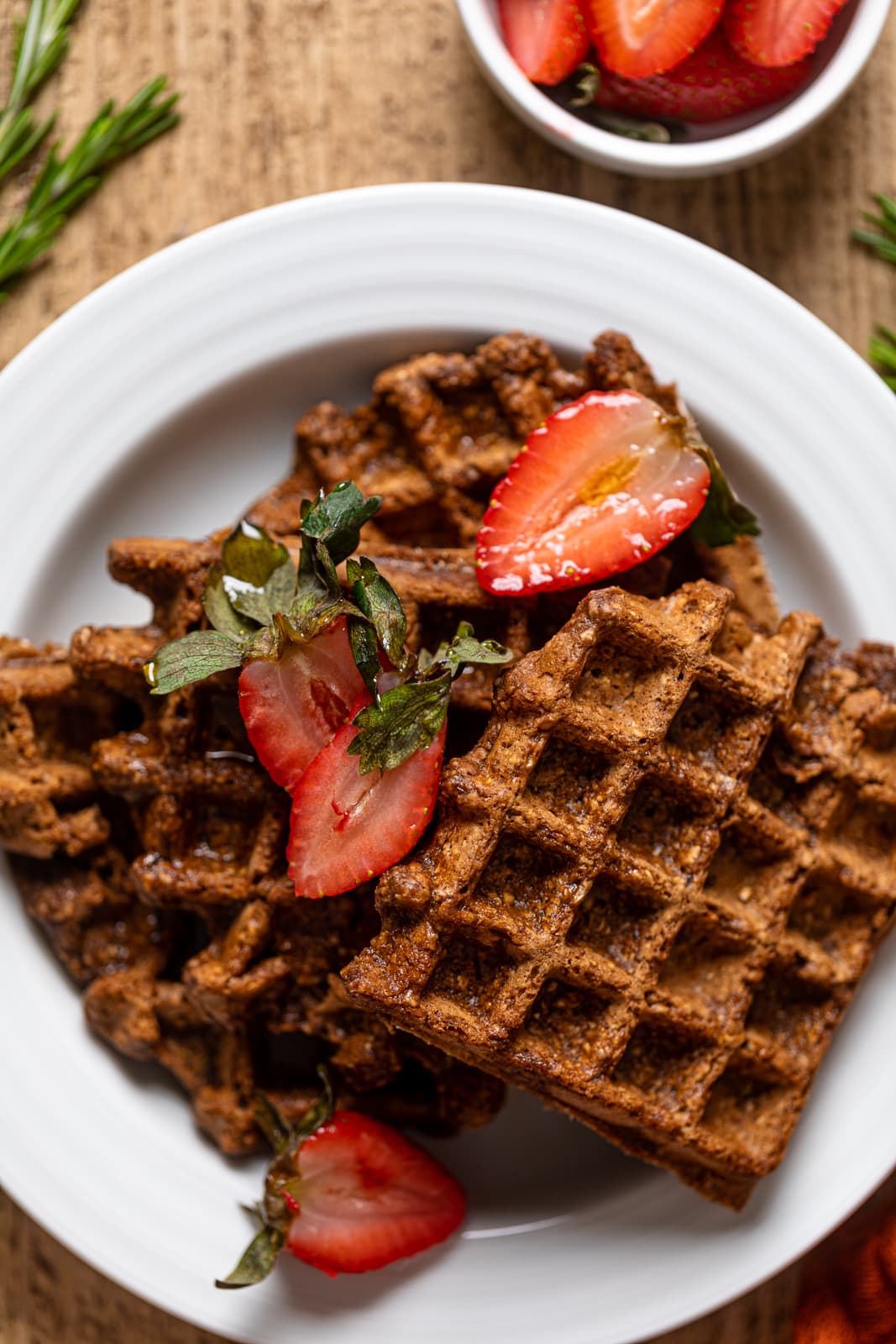 Closeup of Flourless Espresso Chocolate Waffles with Strawberries