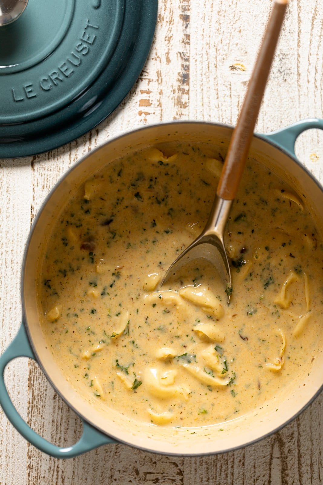 Creamy Roasted Garlic Tortellini Soup in a Le Creuset Dutch Oven