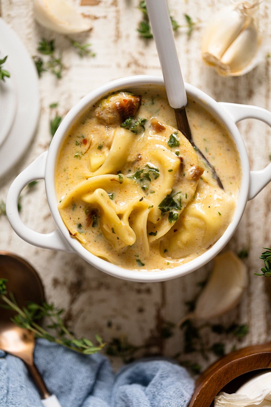 Closeup of a bowl of Creamy tortellini Soup