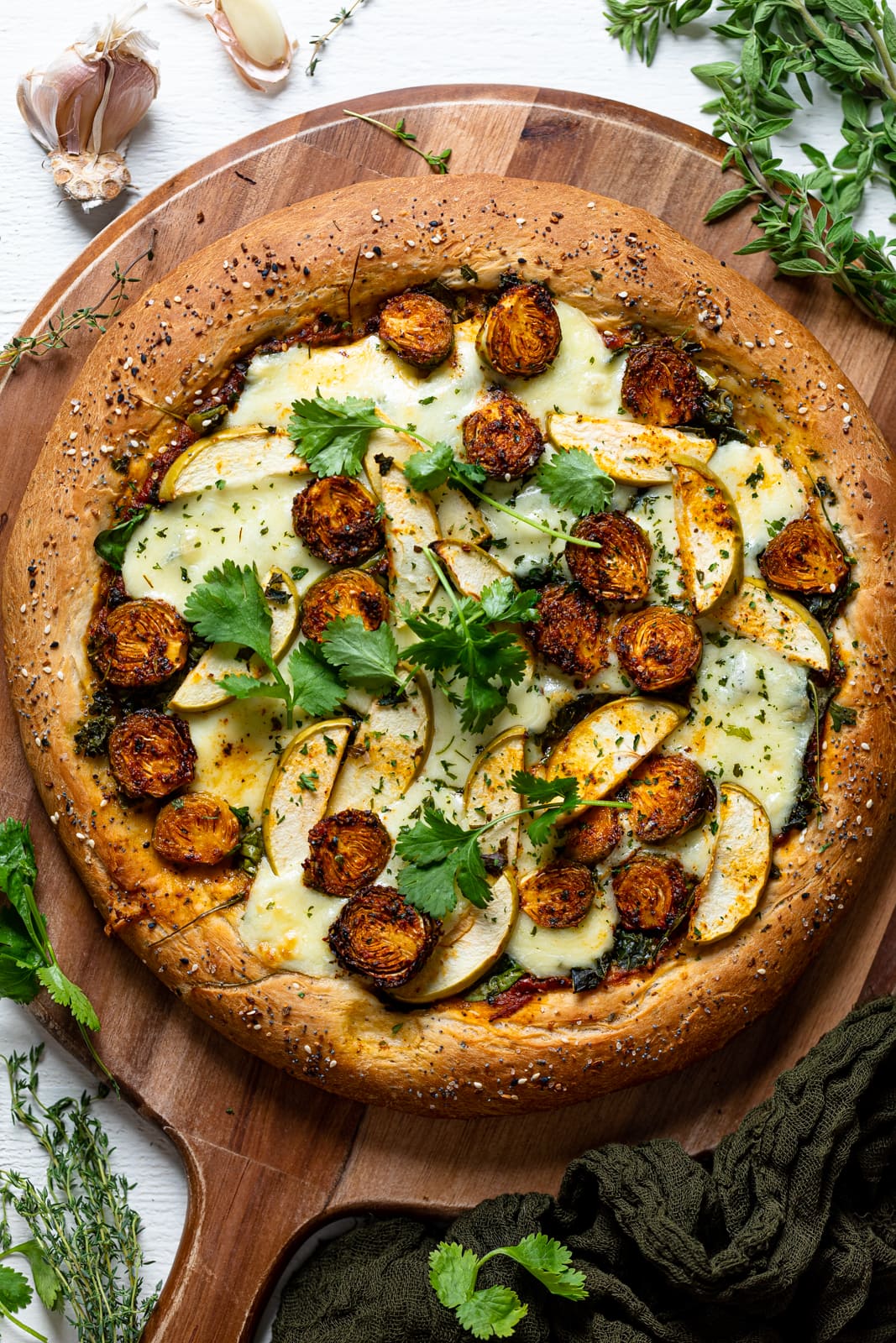 Overhead shot of an All Green Pesto Veggie Pizza 