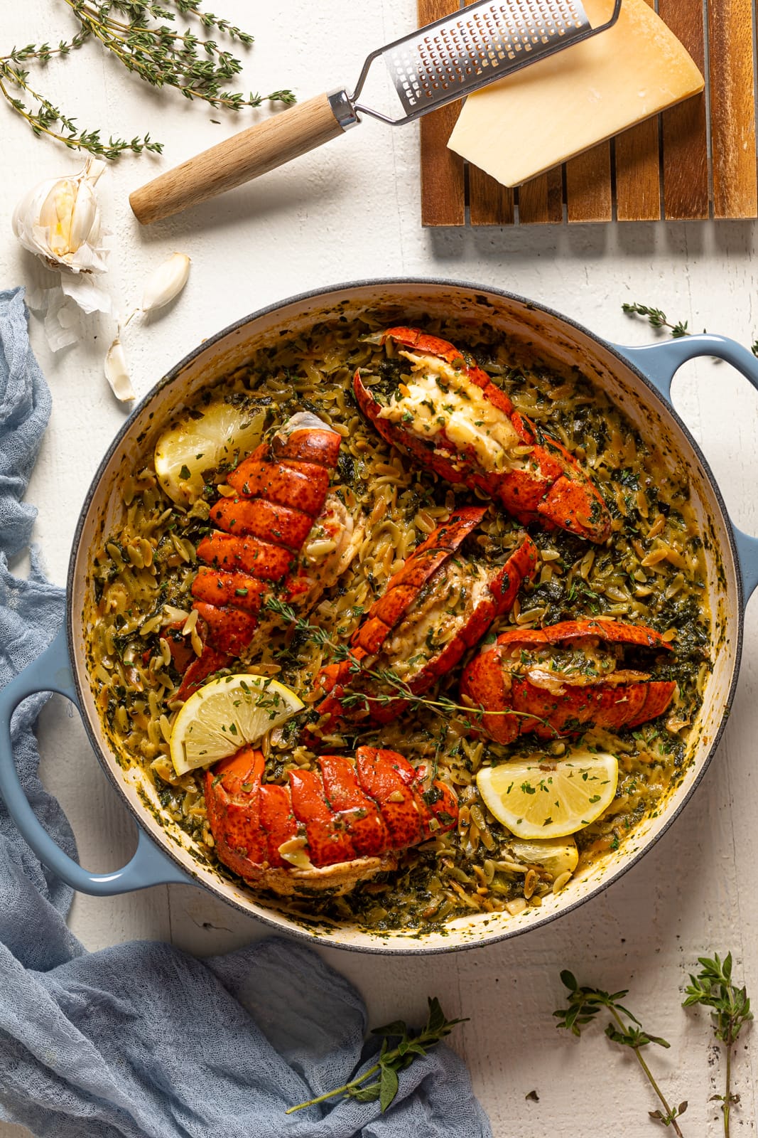Overhead shot of Creamy Lobster and Orzo in a Le Creuset Dutch oven