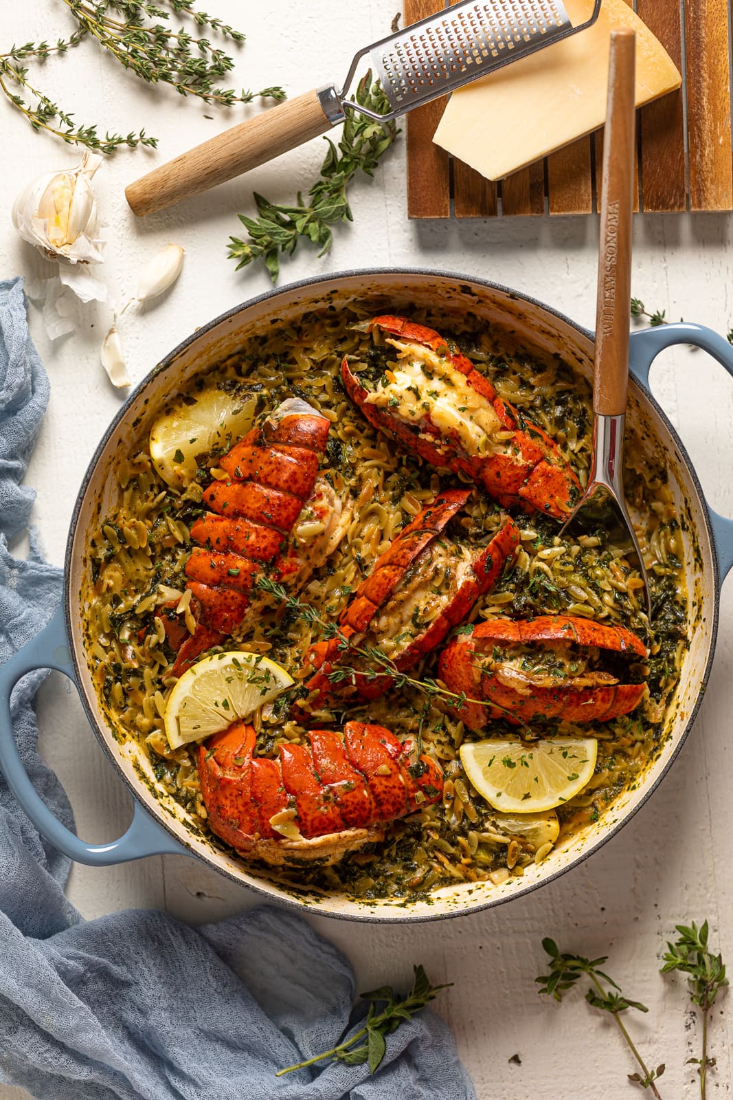 Overhead shot of Creamy Lobster and Orzo in a Le Creuset Dutch oven