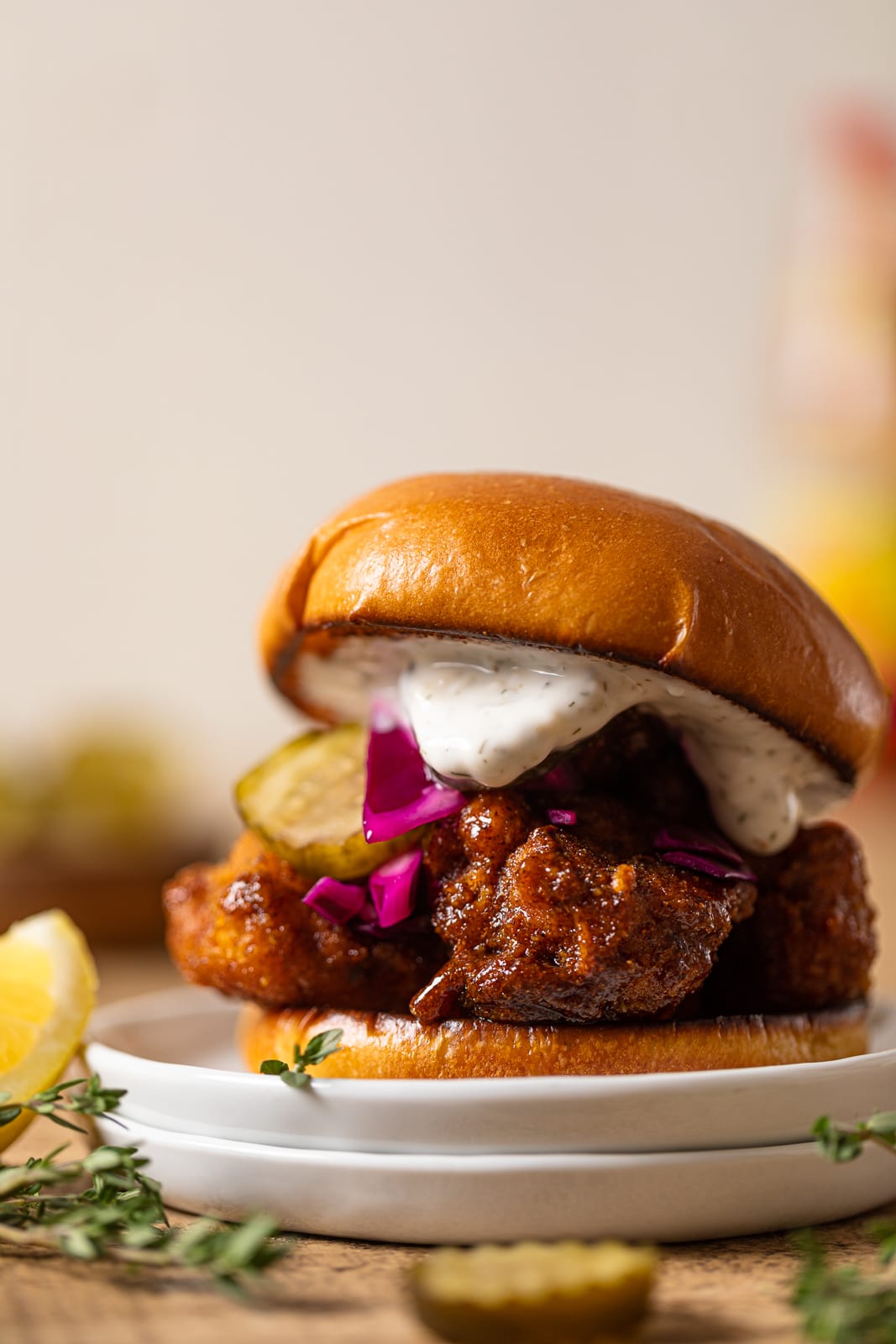 Closeup of Vegan Chicken Sandwich