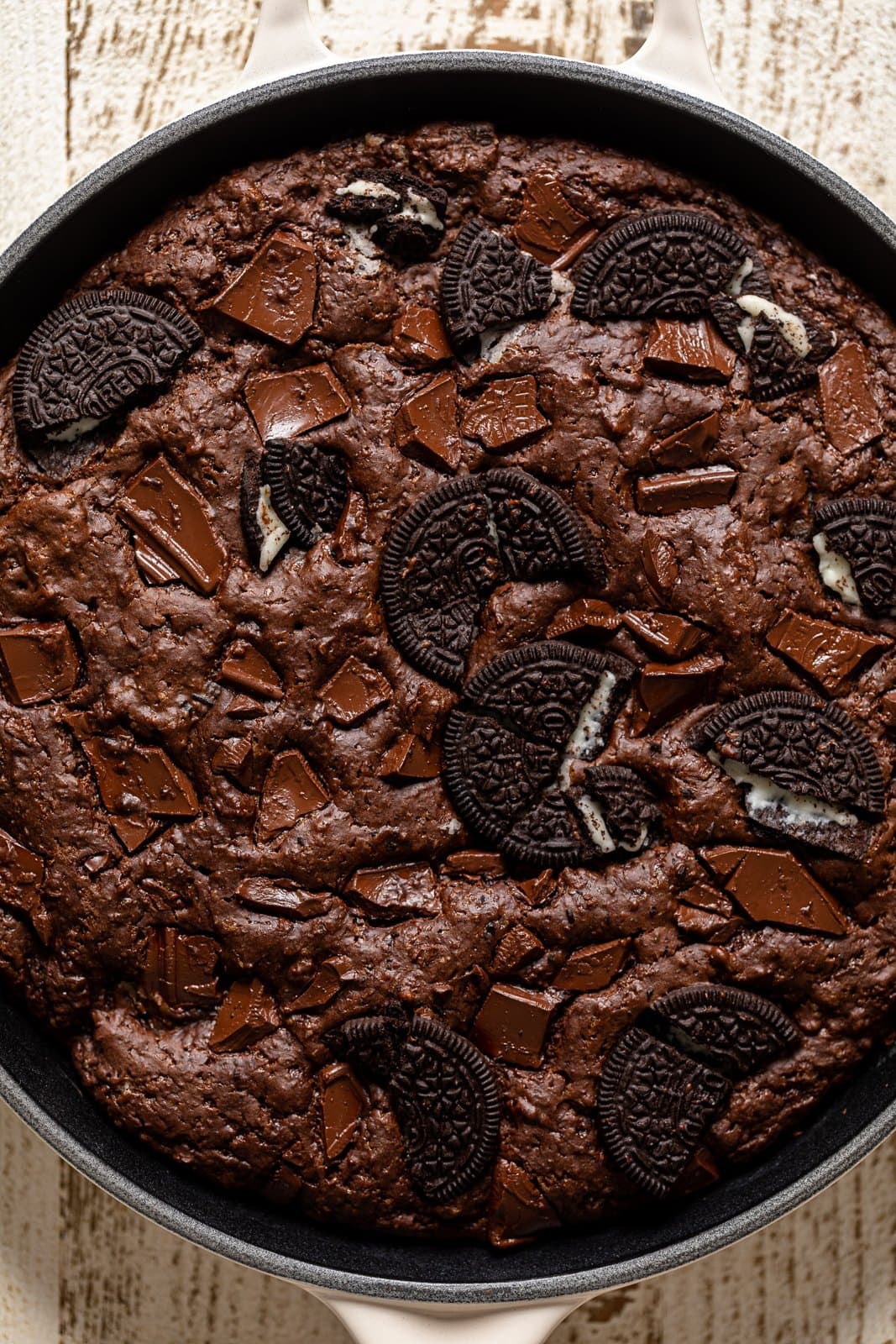 Closeup of a Chocolate Oreo Skillet Brownie