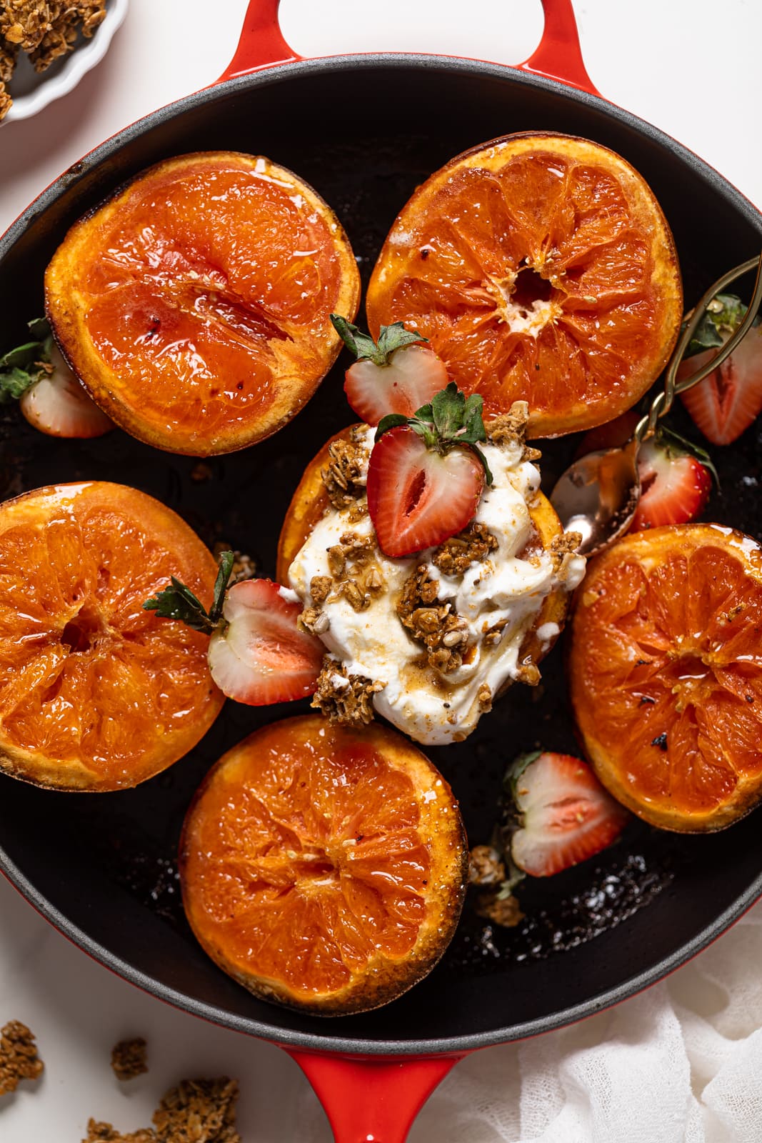 Overhead shot of Broiled Maple Cinnamon Grapefruit with Strawberries