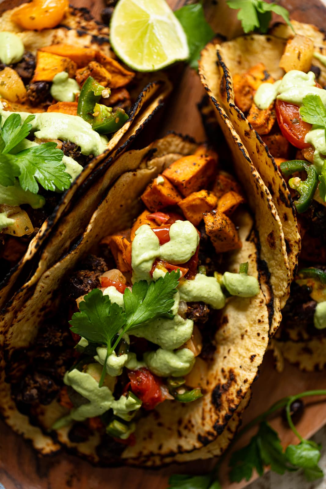 Closeup of Roasted Sweet Potato Black Bean Tacos