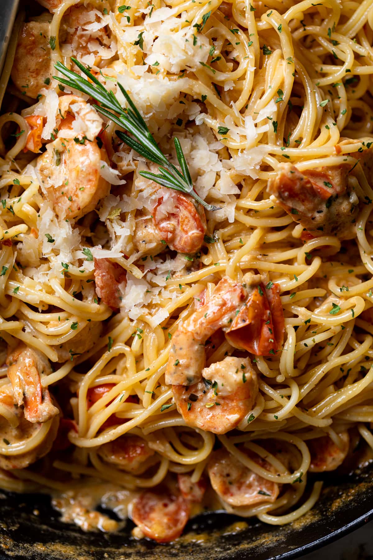 Closeup of Parmesan Garlic Shrimp Scampi with Linguine