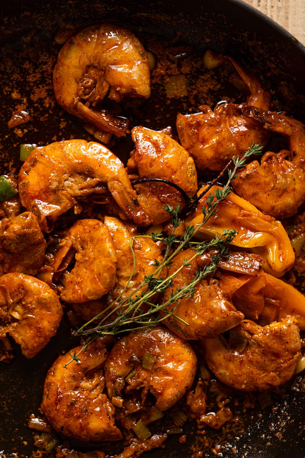 Closeup of a pan of spicy shrimp