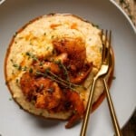 Overhead shot of a plate of Spicy Southern Shrimp and Grits