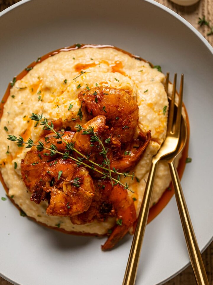 Overhead shot of a plate of Spicy Southern Shrimp and Grits