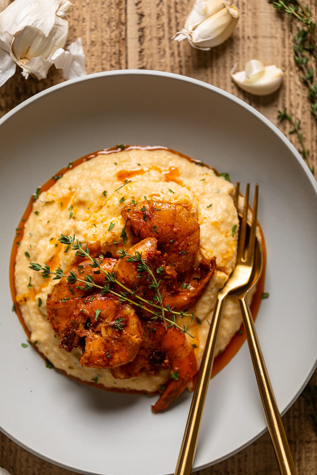 Closeup of a plate of Spicy Southern Shrimp and Grits