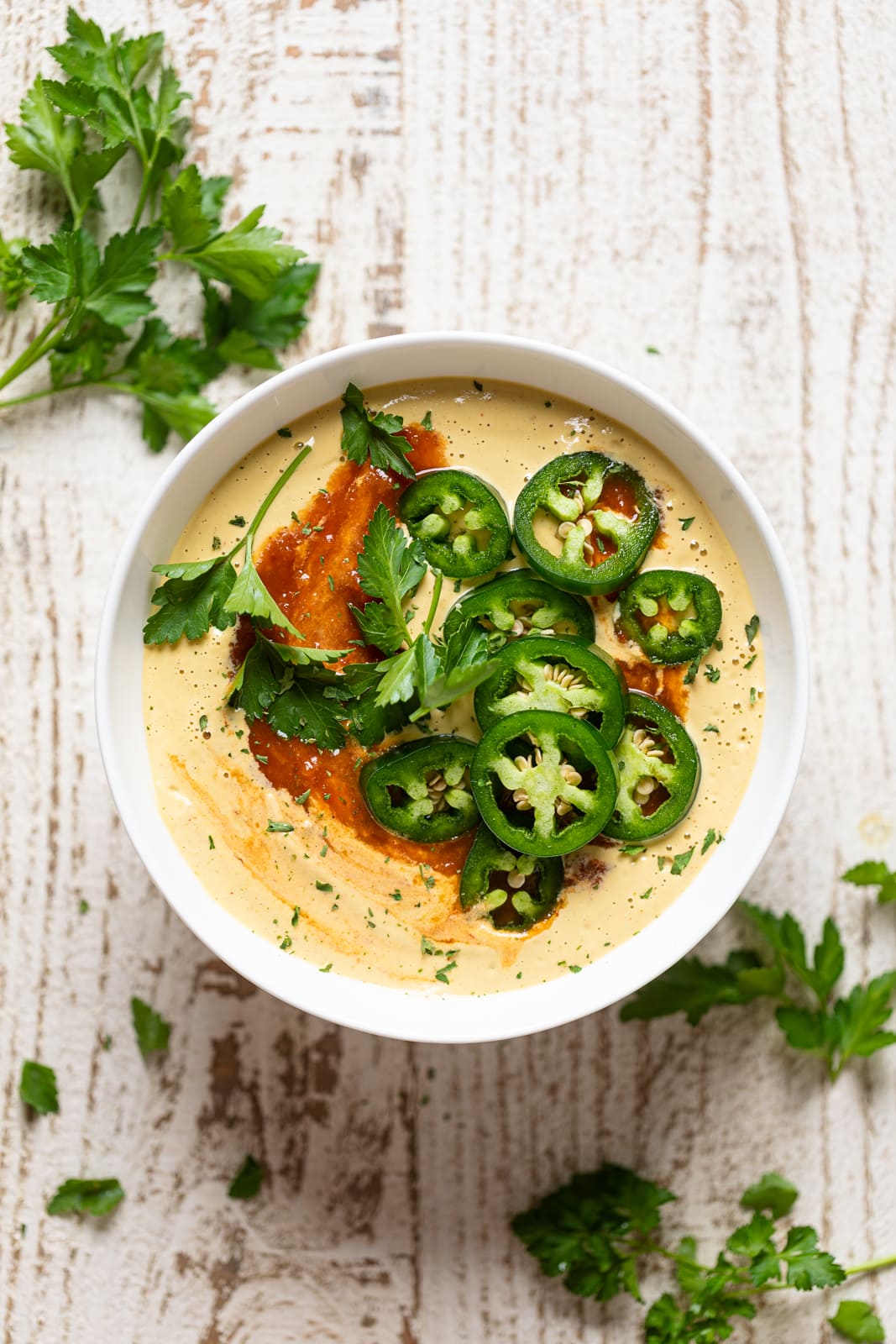 Overhead shot of a bowl of Vegan Jalapeno Queso Dip