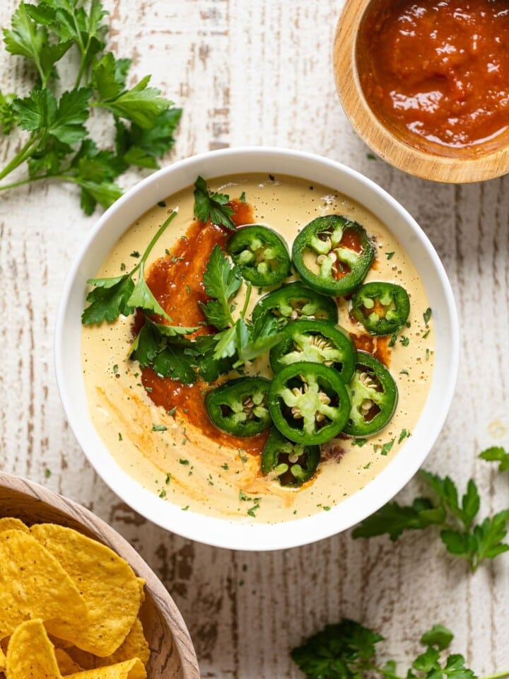 Overhead shot of a bowl of Vegan Jalapeno Queso Dip